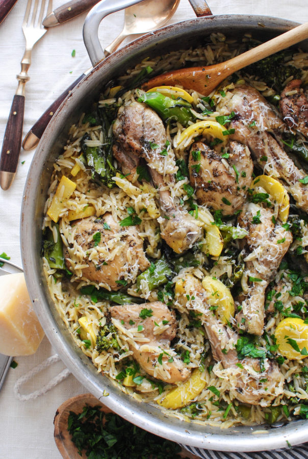 Skillet Chicken with Orzo and Veggies / Bev Cooks
