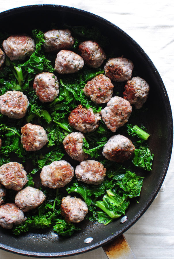 Sausage Meatballs with Kale and Creamy Polenta / Bev Cooks
