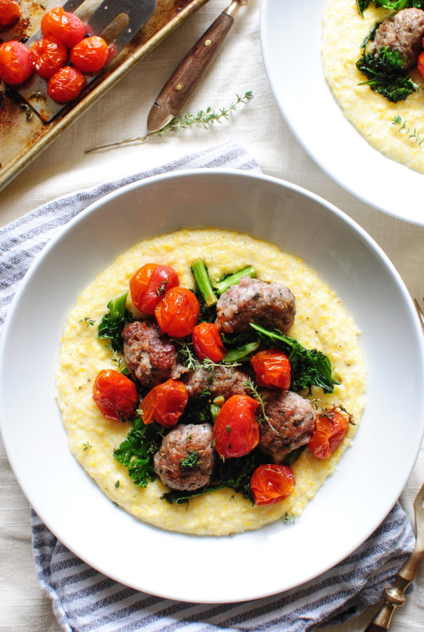 Sausage Meatballs with Kale and Creamy Polenta / Bev Cooks