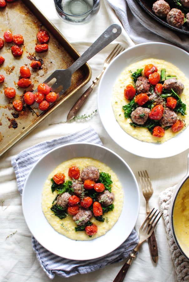 Sausage Meatballs with Kale and Creamy Polenta / Bev Cooks