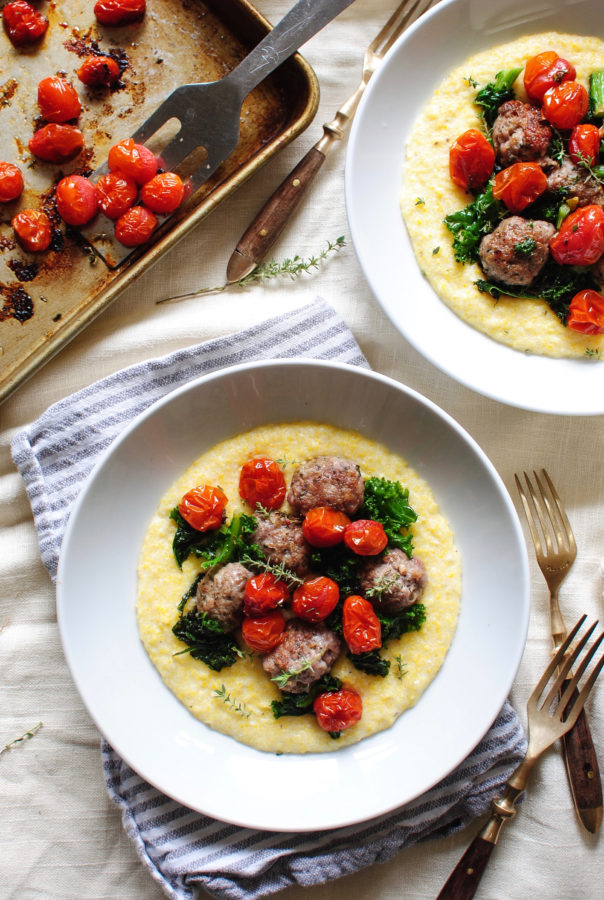 Sausage Meatballs with Kale and Creamy Polenta / Bev Cooks