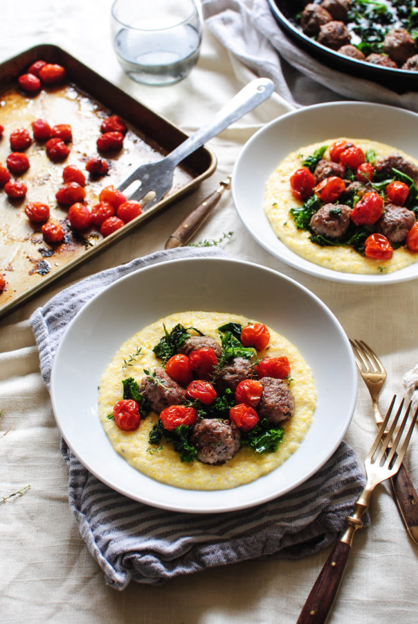 Sausage Meatballs with Kale and Creamy Polenta / Bev Cooks