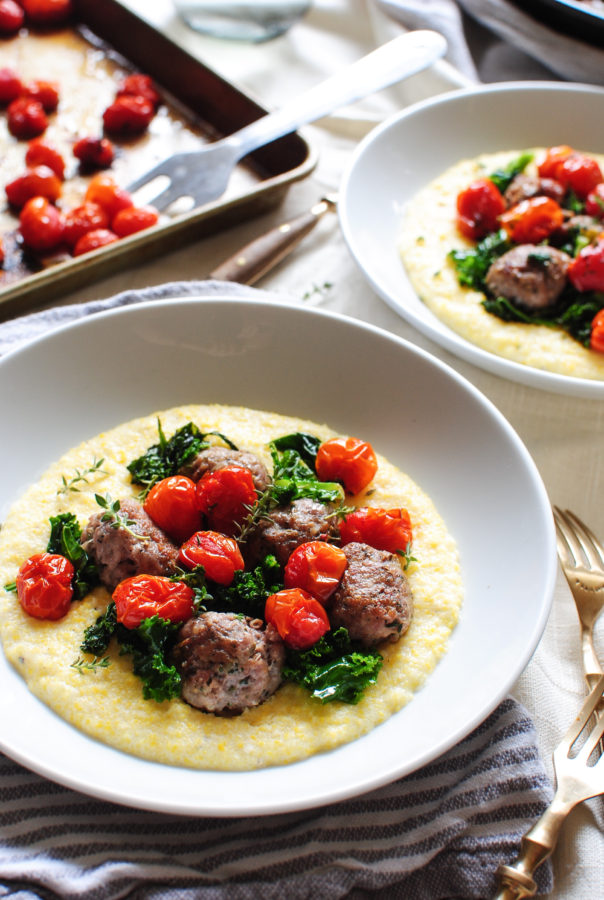 Sausage Meatballs with Kale and Creamy Polenta / Bev Cooks