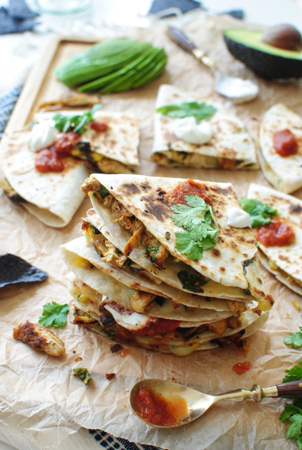 Roasted Corn, Poblano Pepper and Chicken Quesadillas / Bev Cooks