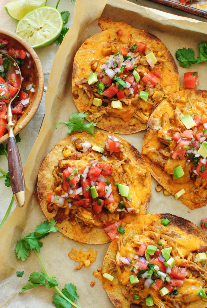 Slow Cooker Chicken and Bean Tostadas - Bev Cooks