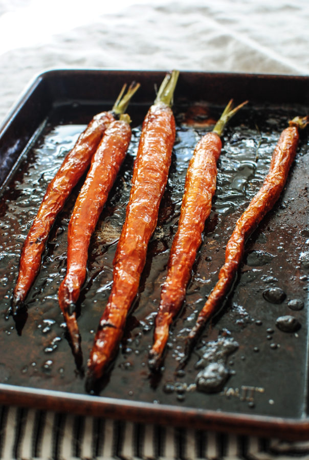 Prosciutto and Gruyere-Stuffed Pork with Roasted Brown Sugar Carrots / Bev Cooks