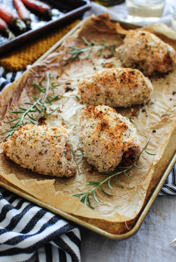 Prosciutto and Gruyere-Stuffed Pork with Roasted Brown Sugar Carrots / Bev Cooks