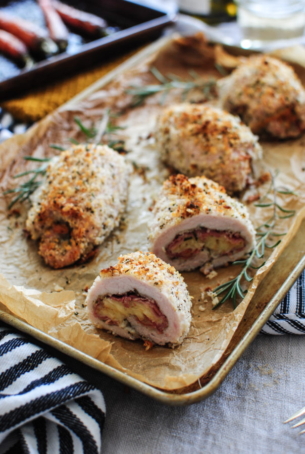 Prosciutto and Gruyere-Stuffed Pork with Roasted Brown Sugar Carrots / Bev Cooks