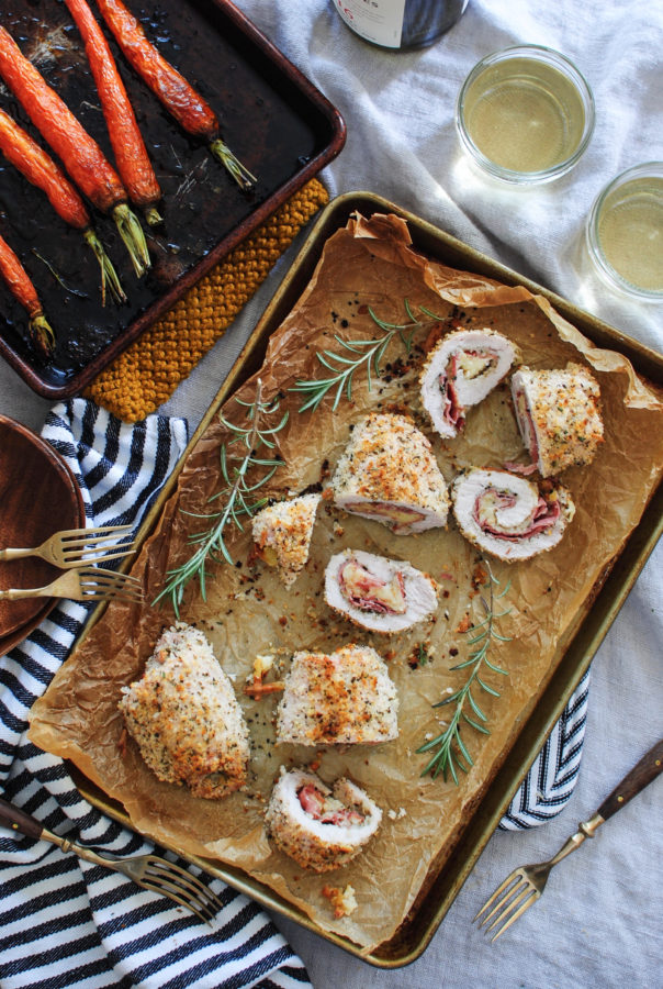 Prosciutto and Gruyere-Stuffed Pork with Roasted Brown Sugar Carrots / Bev Cooks