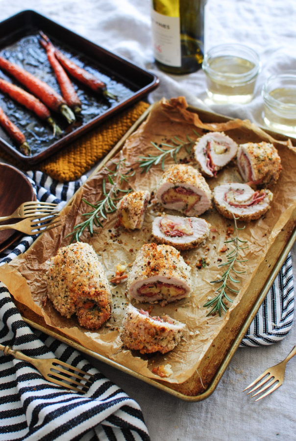 Prosciutto and Gruyere-Stuffed Pork with Roasted Brown Sugar Carrots / Bev Cooks