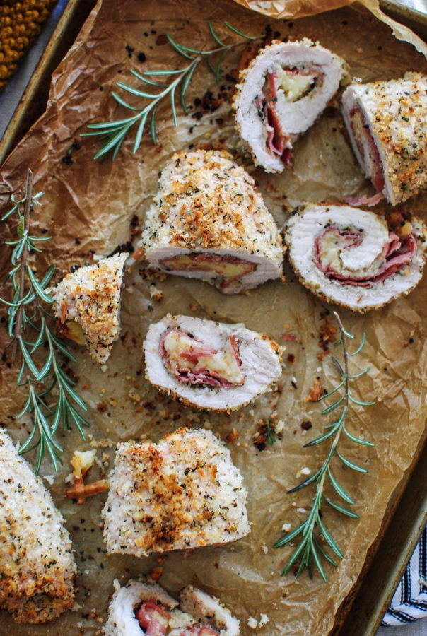 Prosciutto and Gruyere-Stuffed Pork with Roasted Brown Sugar Carrots / Bev Cooks