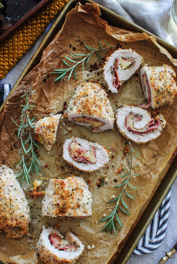 Prosciutto and Gruyere-Stuffed Pork with Roasted Brown Sugar Carrots / Bev Cooks