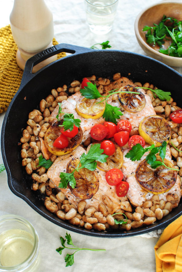 Skillet Salmon with White Beans and Charred Lemon / Bev Cooks