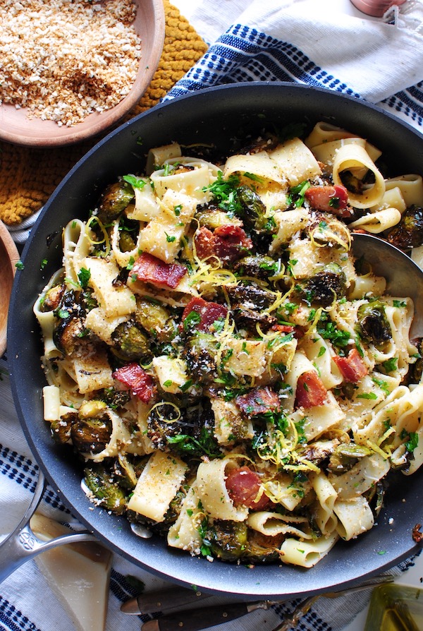 Pasta Rings with Roasted Brussels Sprouts and Bacon / Bev Cooks