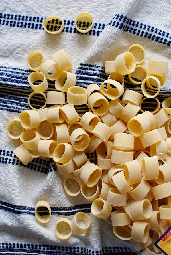 Pasta Rings with Roasted Brussels Sprouts and Bacon - Bev Cooks