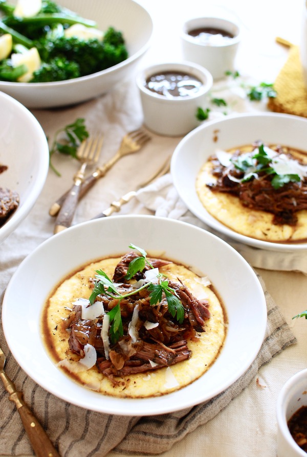 Slow Cooker French Onion Pot Roast over Creamy Polenta / Bev Cooks