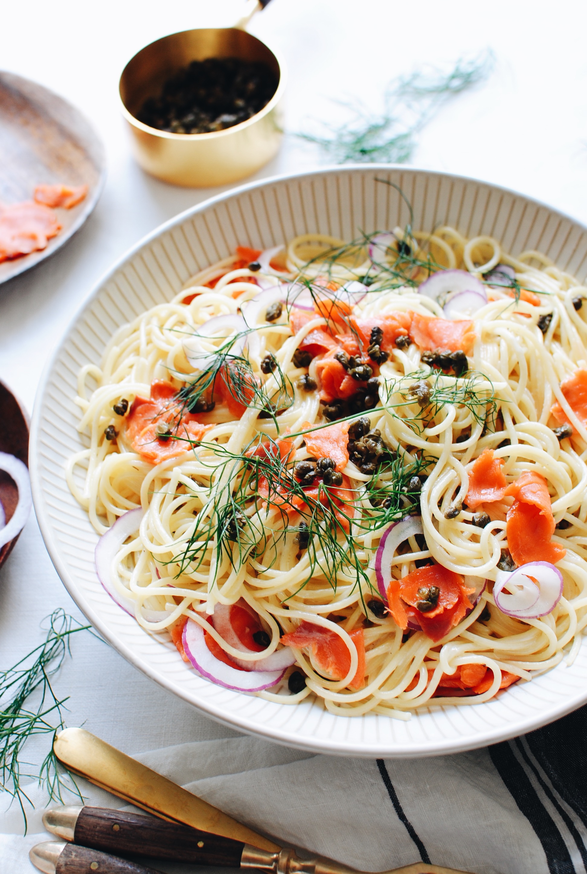 Creamy Spaghetti with Smoked Salmon and Fried Capers / Bev Cooks