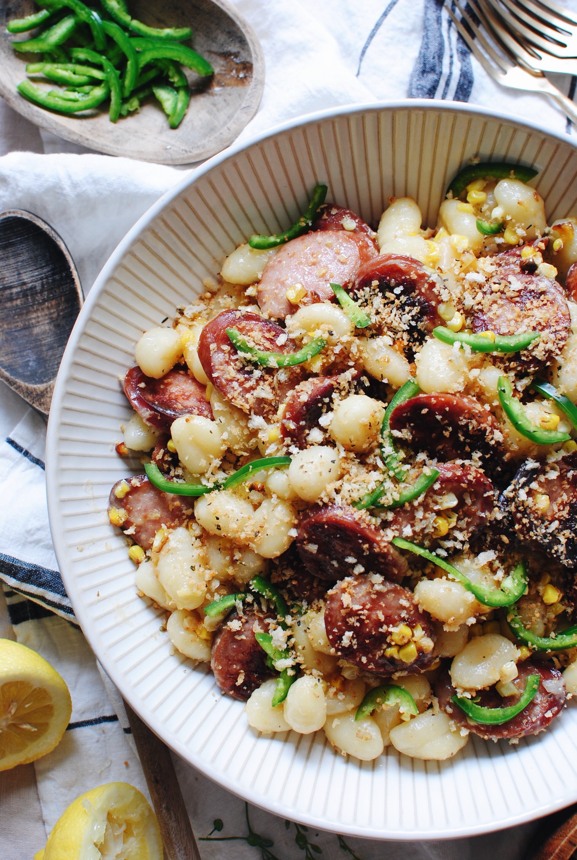 Summer Gnocchi with Corn and Smoked Sausage | Bev Cooks