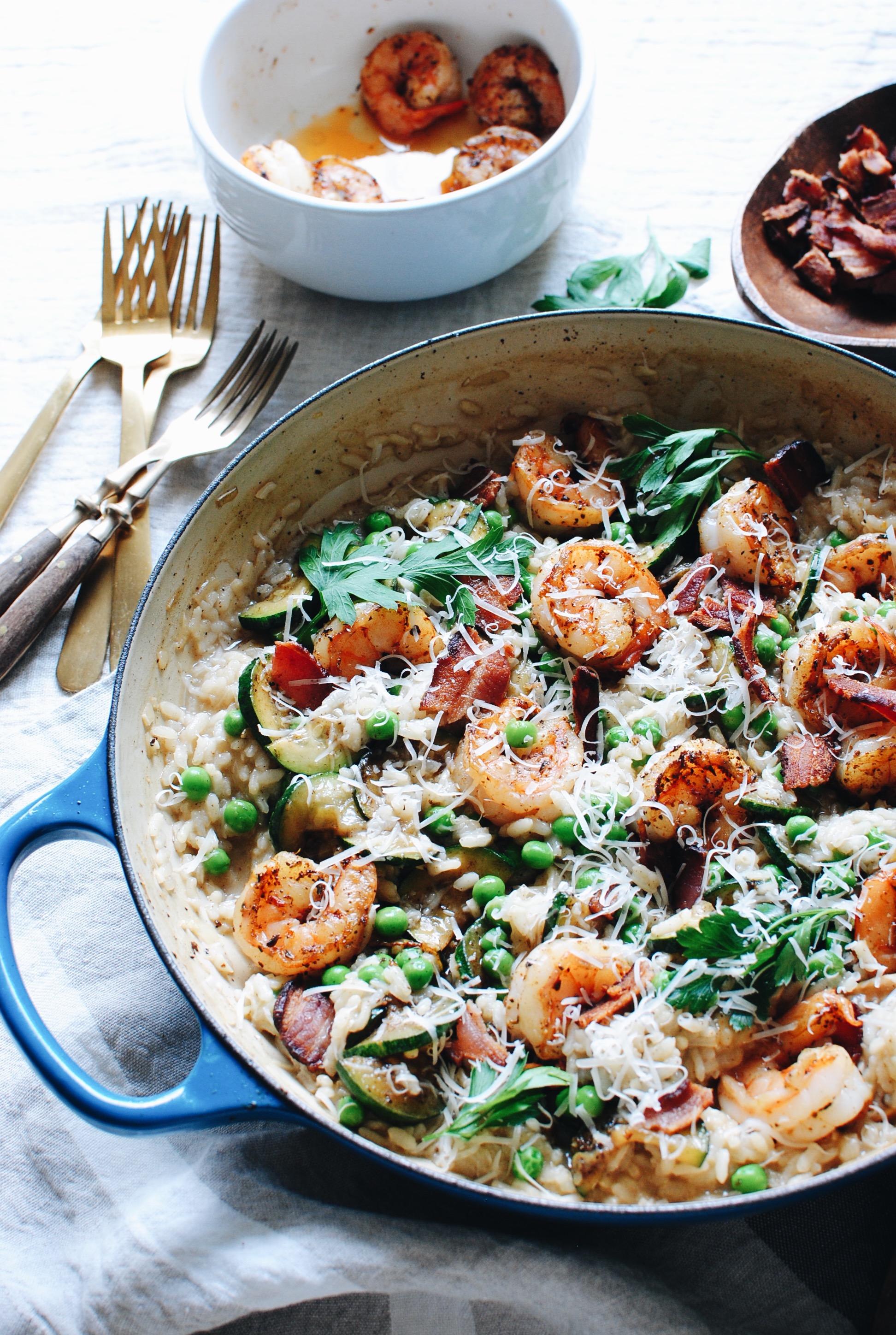 Risotto with Shrimp, Bacon and Zucchini / Bev Cooks