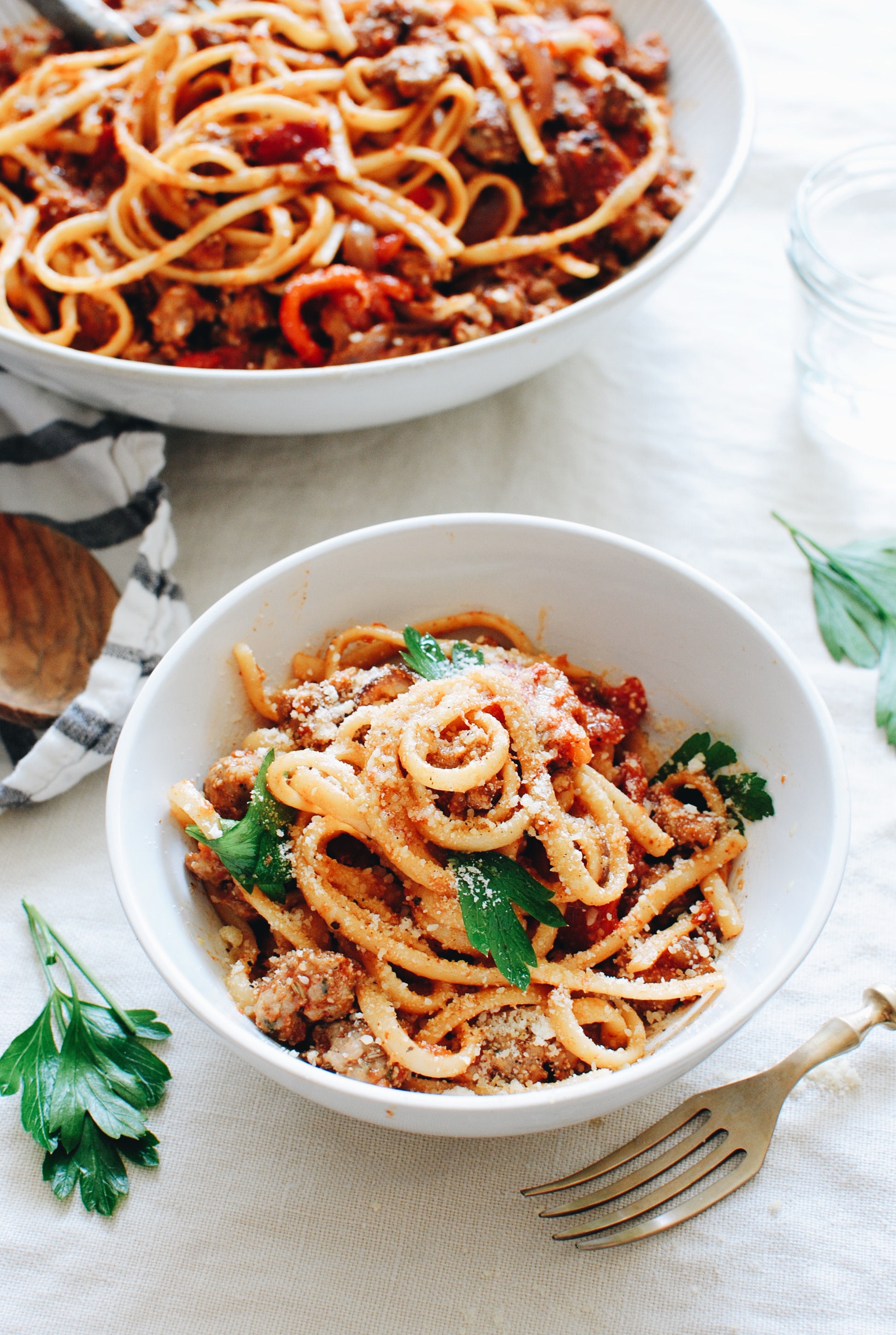 Linguine with Roasted Red Peppers, Italian Sausage and Onions - Bev Cooks