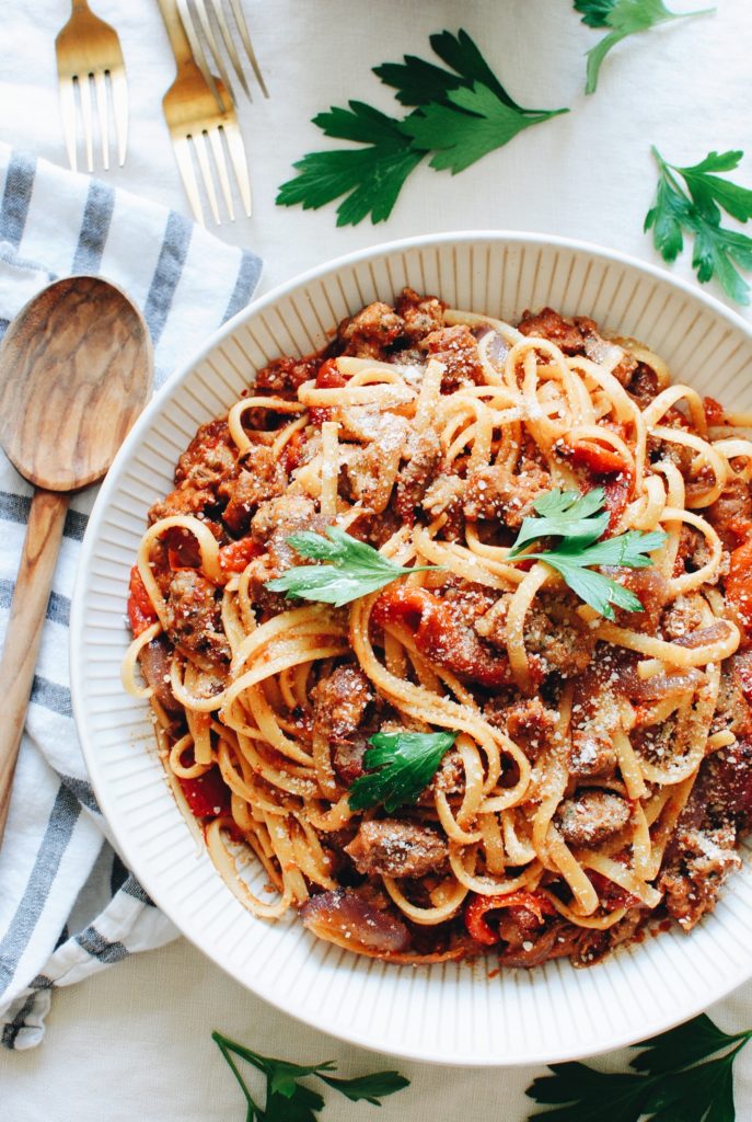 Linguine with Roasted Red Peppers, Italian Sausage and Onions | Bev Cooks