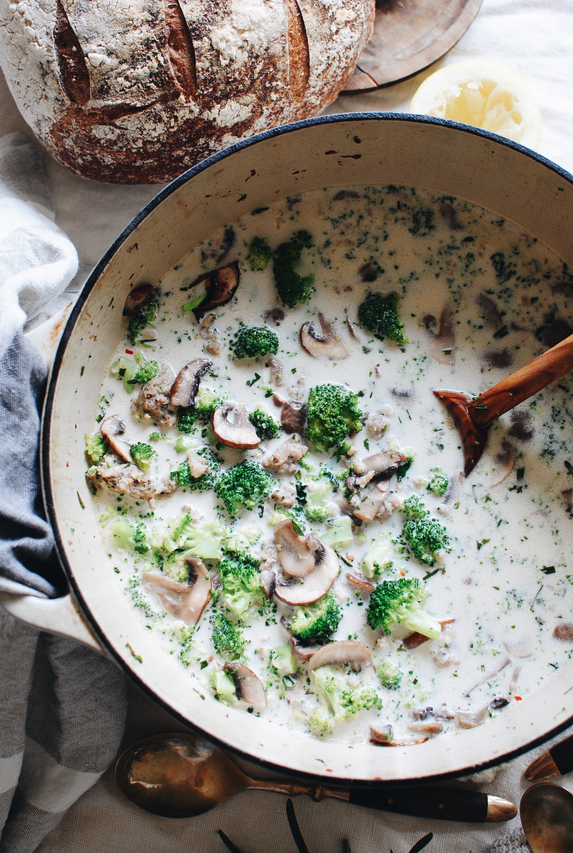 Creamy Sausage Soup with Broccoli and Mushrooms / Bev Cooks