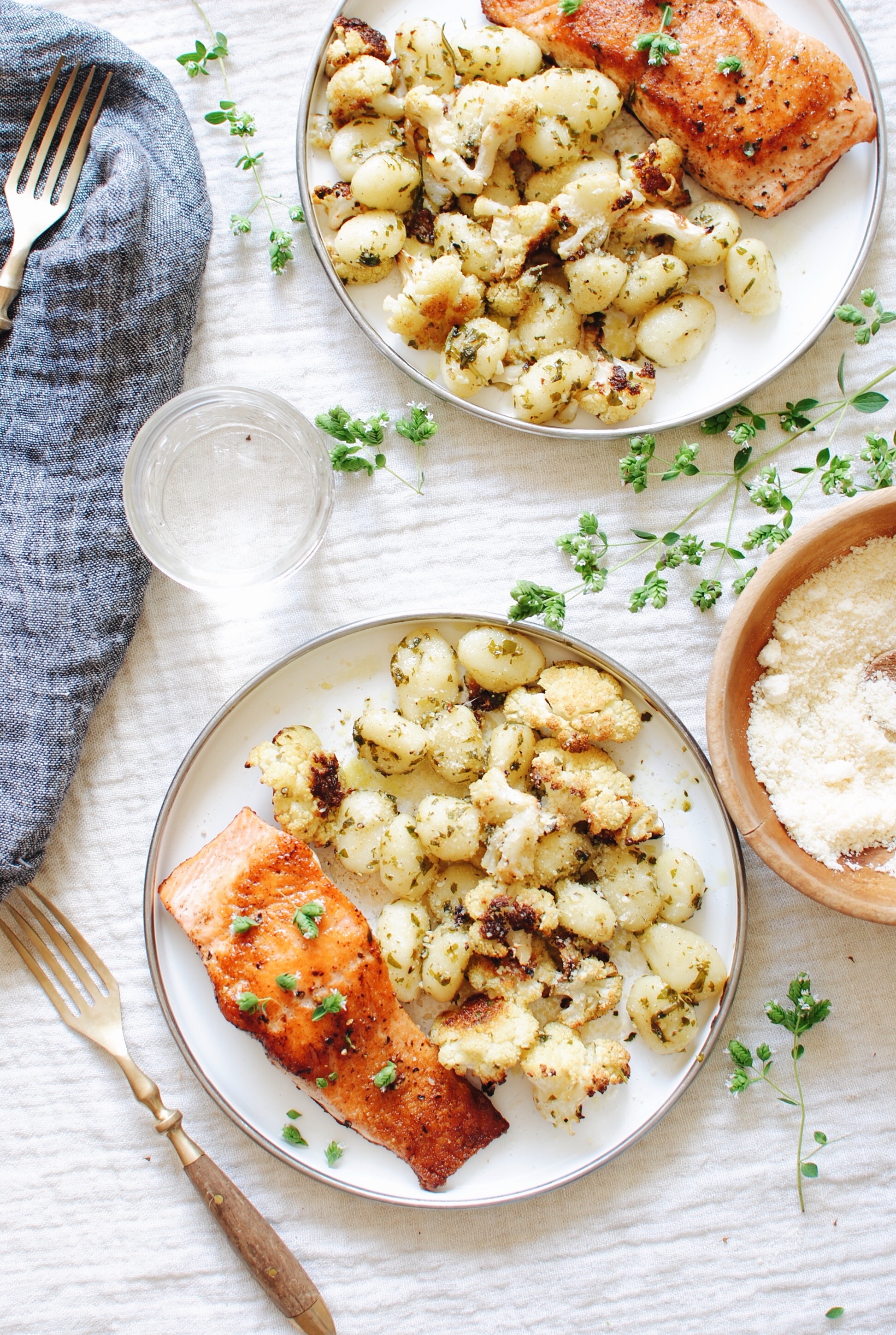 Seared Salmon with Gnocchi and Roasted Cauliflower - Bev Cooks