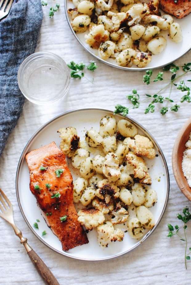 Seared Salmon with Roasted Cauliflower and Gnocchi / Bev Cooks