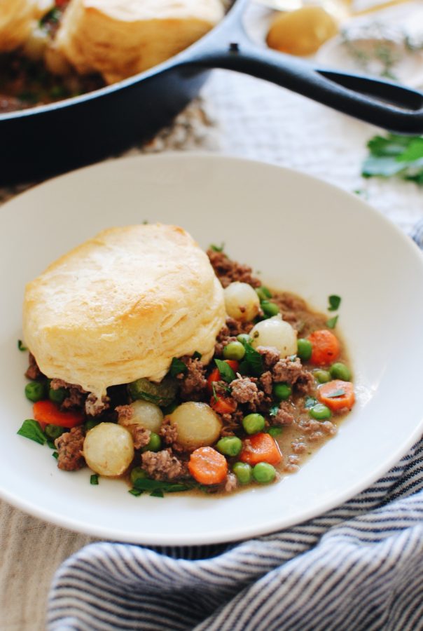 Skillet Beef and Biscuit Pot Pie - Bev Cooks