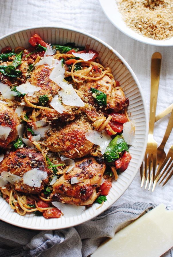 Linguine with Chicken, Tomatoes and Spinach - Bev Cooks