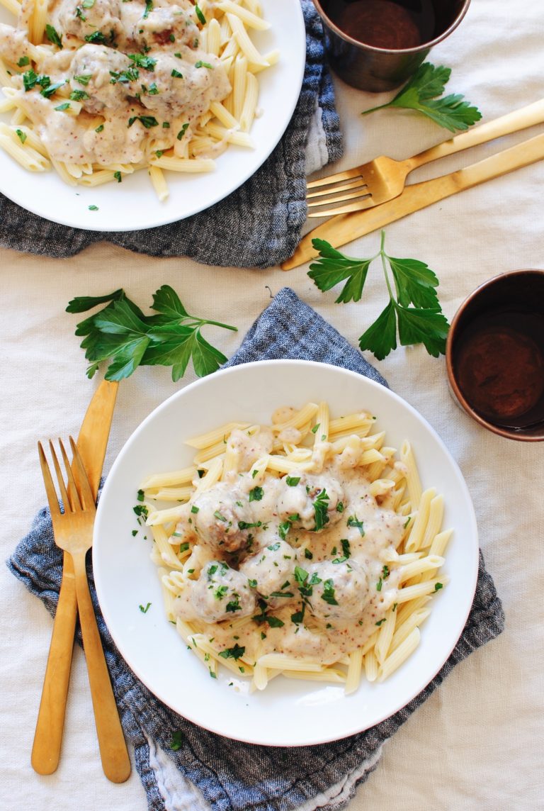 Pork Meatballs and Penne with a Creamy Mustard Butter Sauce - Bev Cooks