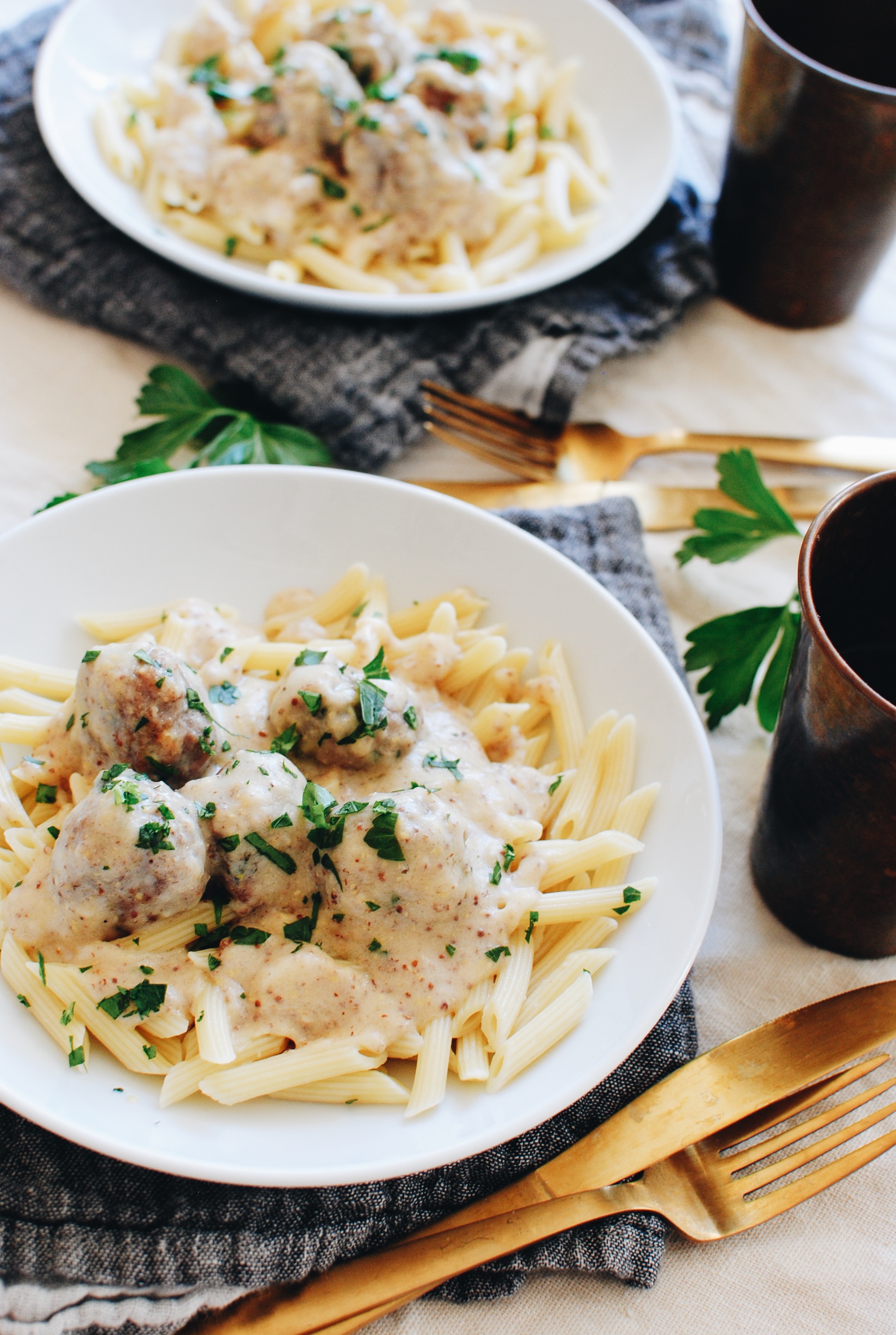 Pork Meatballs and Penne with a Creamy Mustard Butter Sauce / Bev Cooks