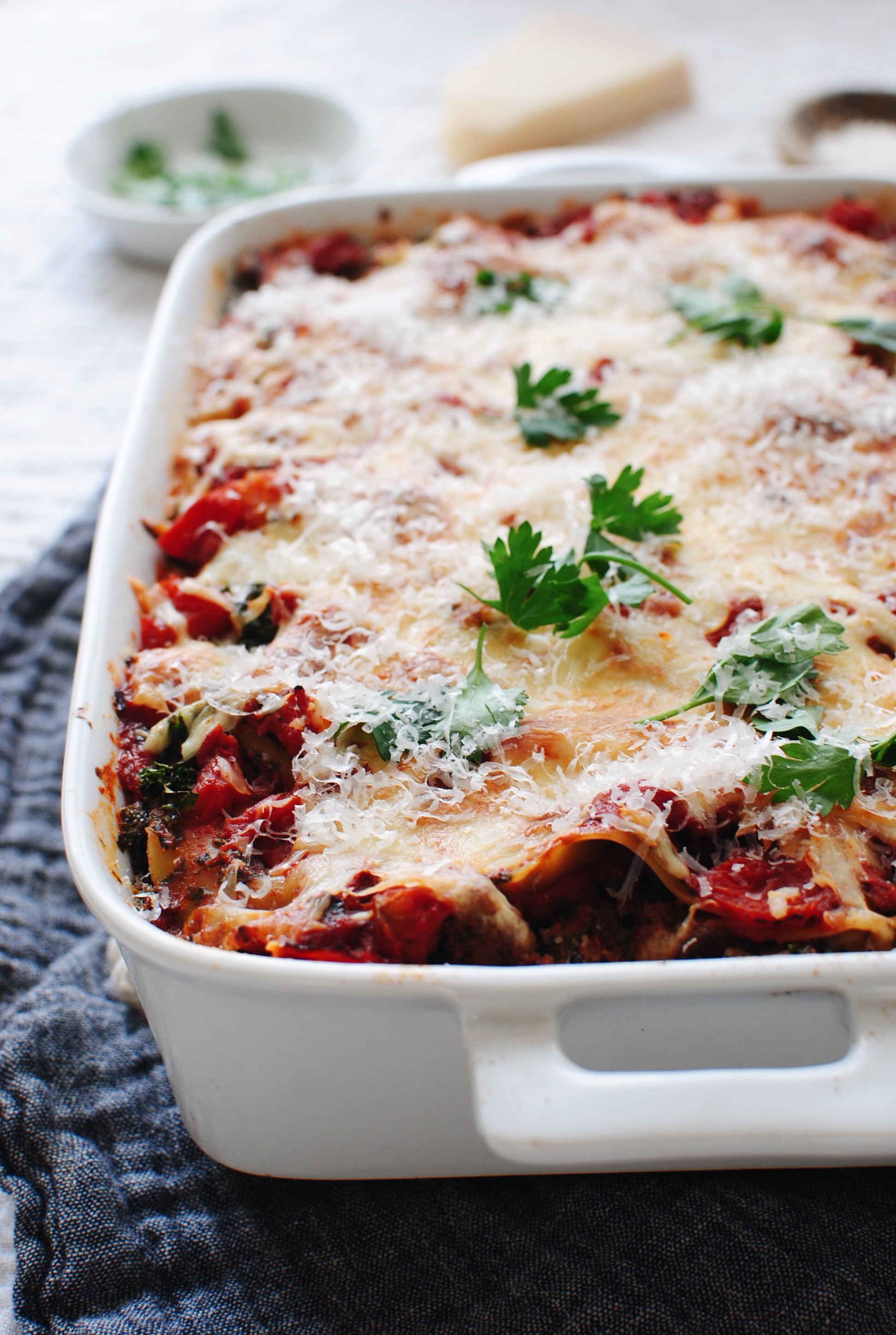 Grass-fed Beef, Kale and Mushroom Lasagna / Bev Cooks