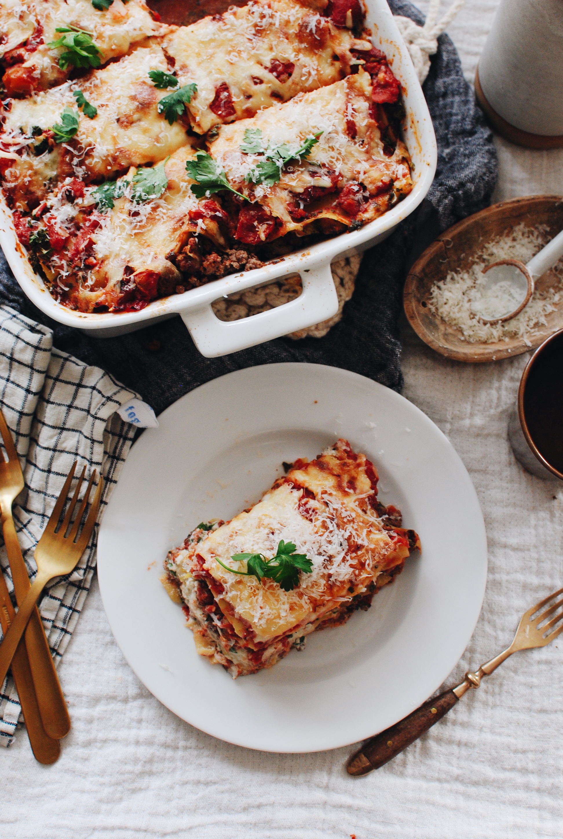 Grass-fed Beef, Kale and Mushroom Lasagna / Bev Cooks