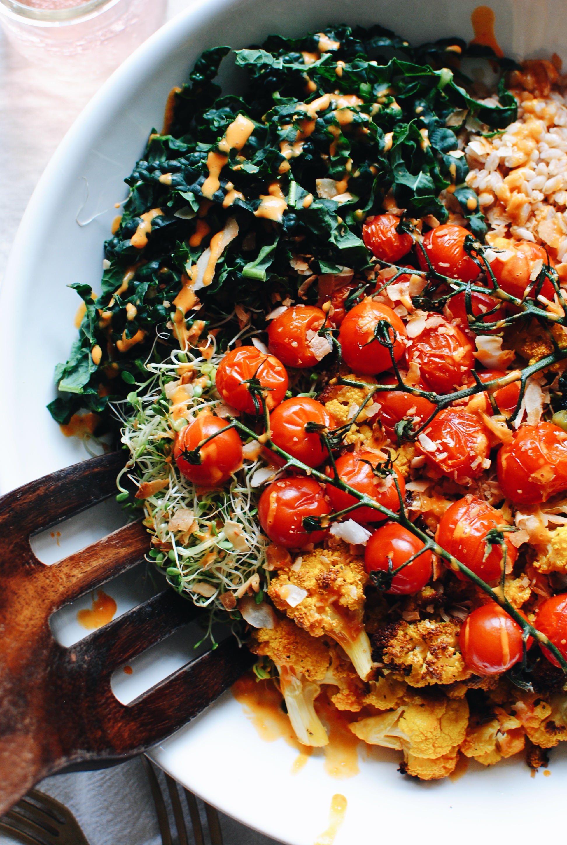 Roasted Vegetable and Farro Grain Bowl / Bev Cooks