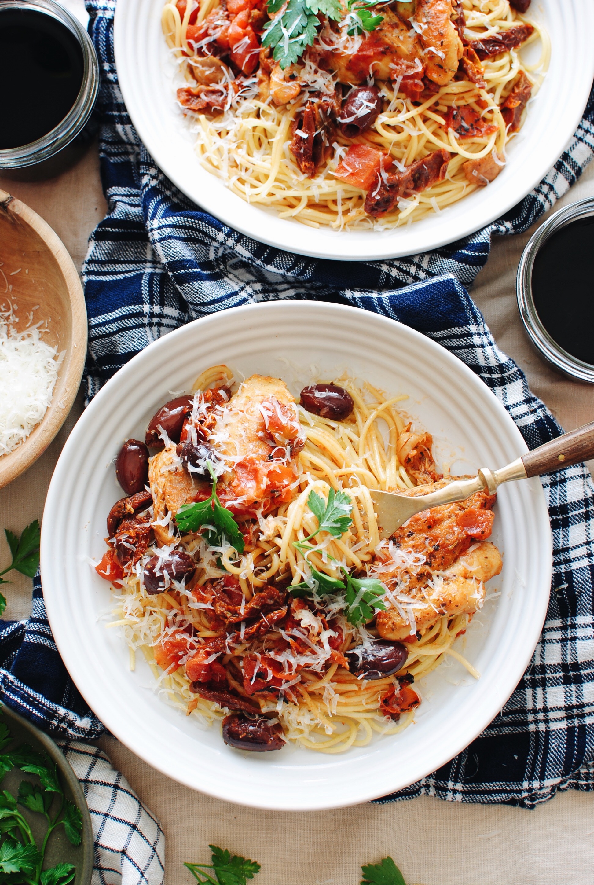 Rustic Chicken Puttanesca Spaghetti / Bev Cooks