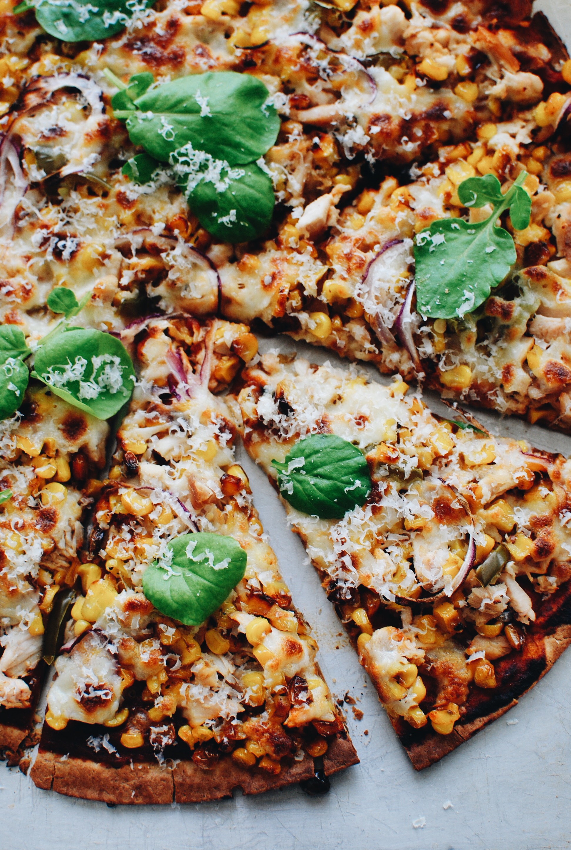 Rotisserie Chicken, Roasted Corn and Jalapeno Pizza / Bev Cooks