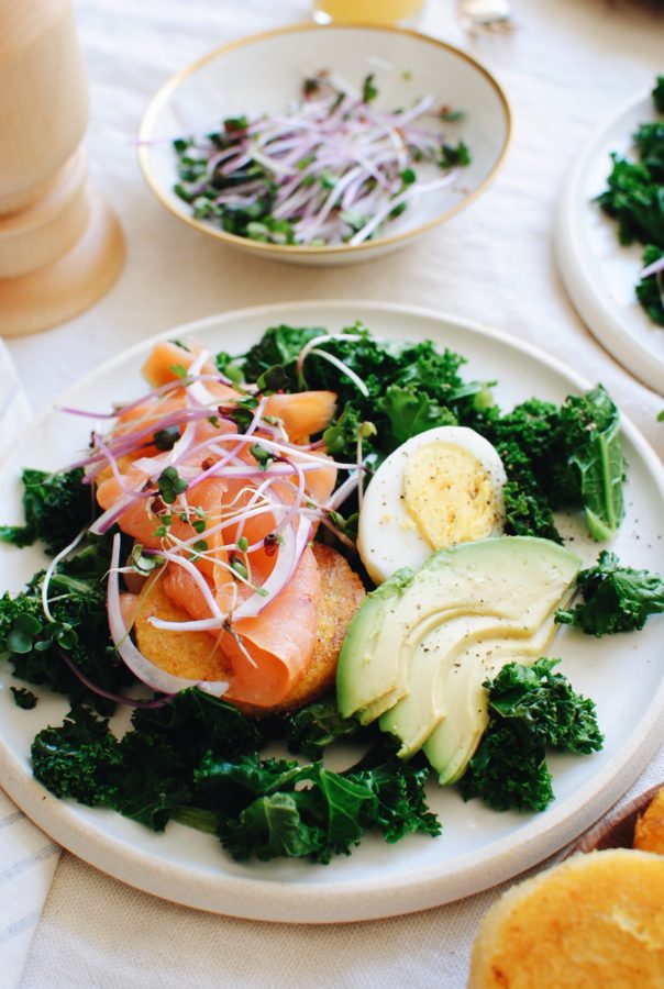 Seared Polenta with Kale and Smoked Salmon - Bev Cooks