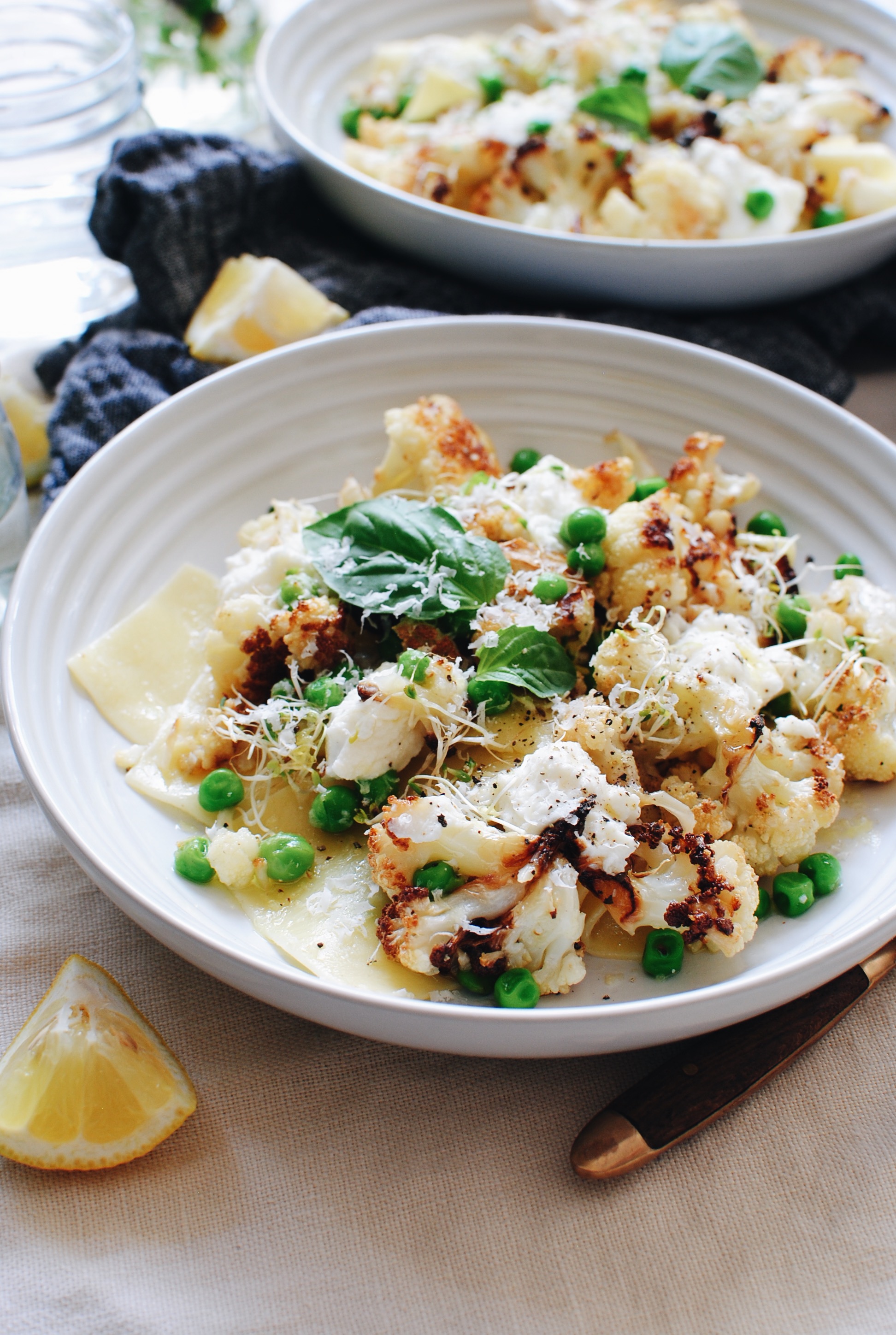 Free-Form Lasagna with Roasted Cauliflower and Peas / Bev Cooks
