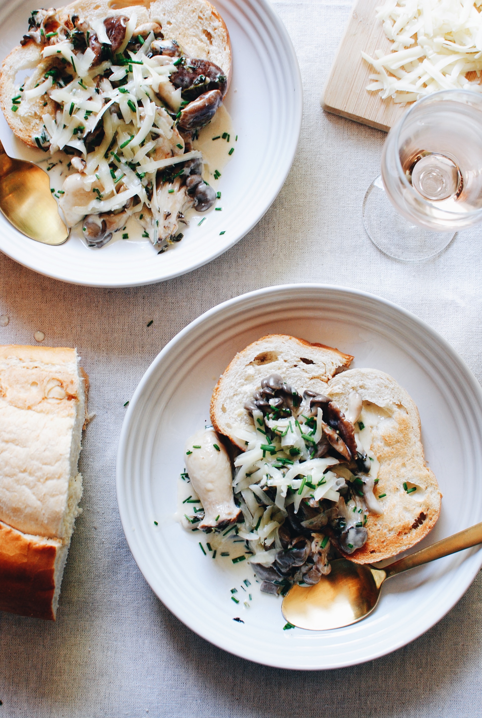 Creamy Wild Mushrooms with Crusty Bread and Cheese / Bev Cooks