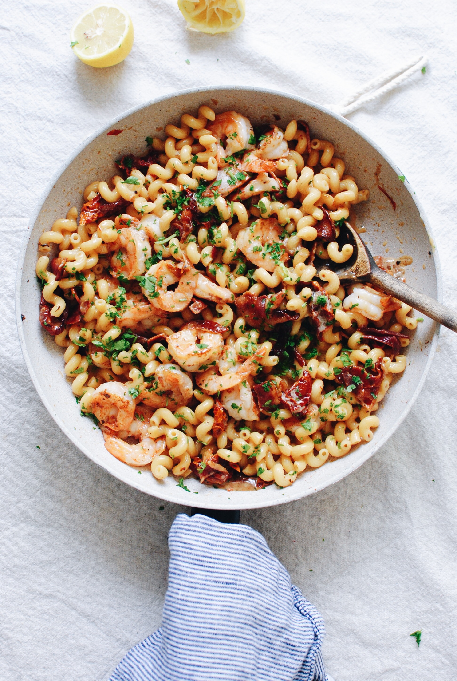 Cheesy Shrimp Pasta with Sun-Dried Tomatoes and Bacon / Bev Cooks
