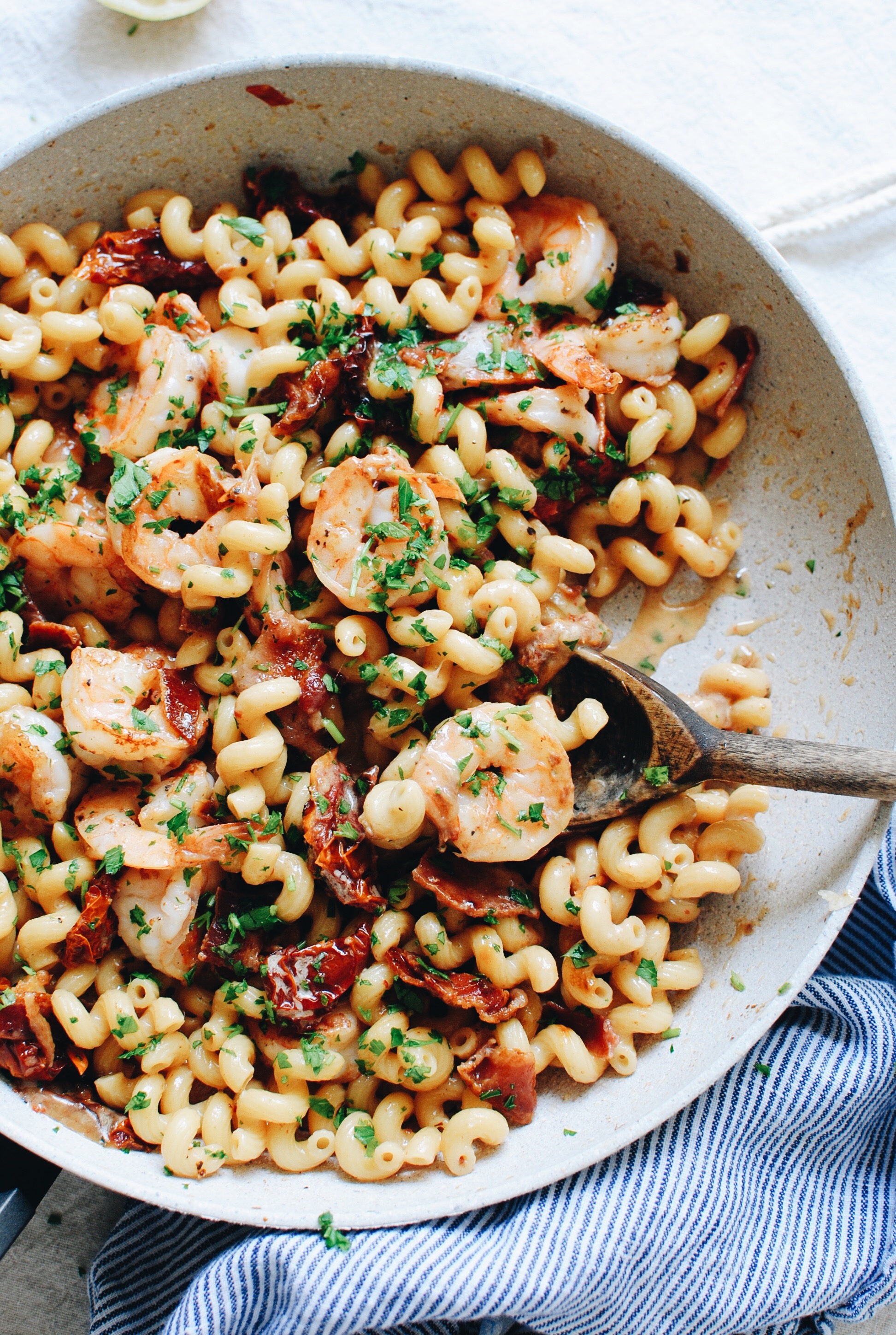 Cheesy Shrimp Pasta with Sun-Dried Tomatoes and Bacon - Bev Cooks