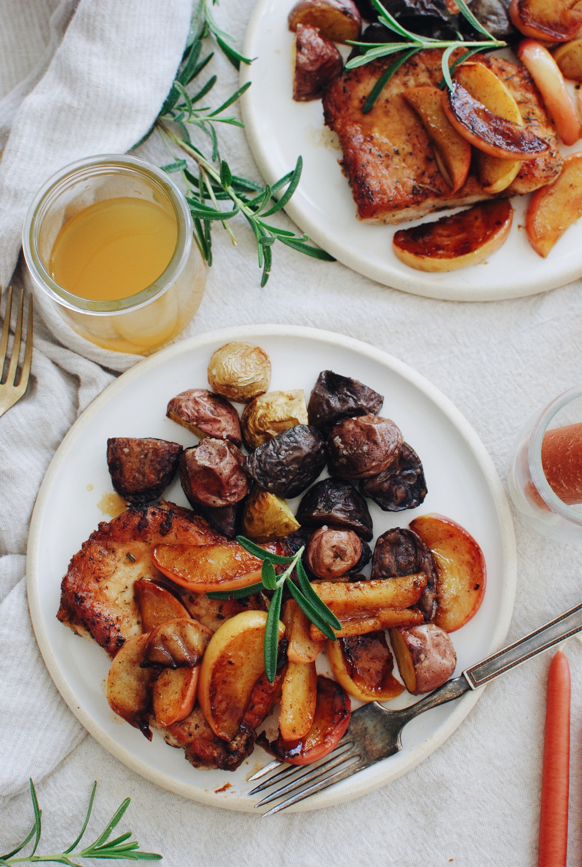 Pork Chops with Sautéed Apples and Roasted Potatoes / Bev Cooks