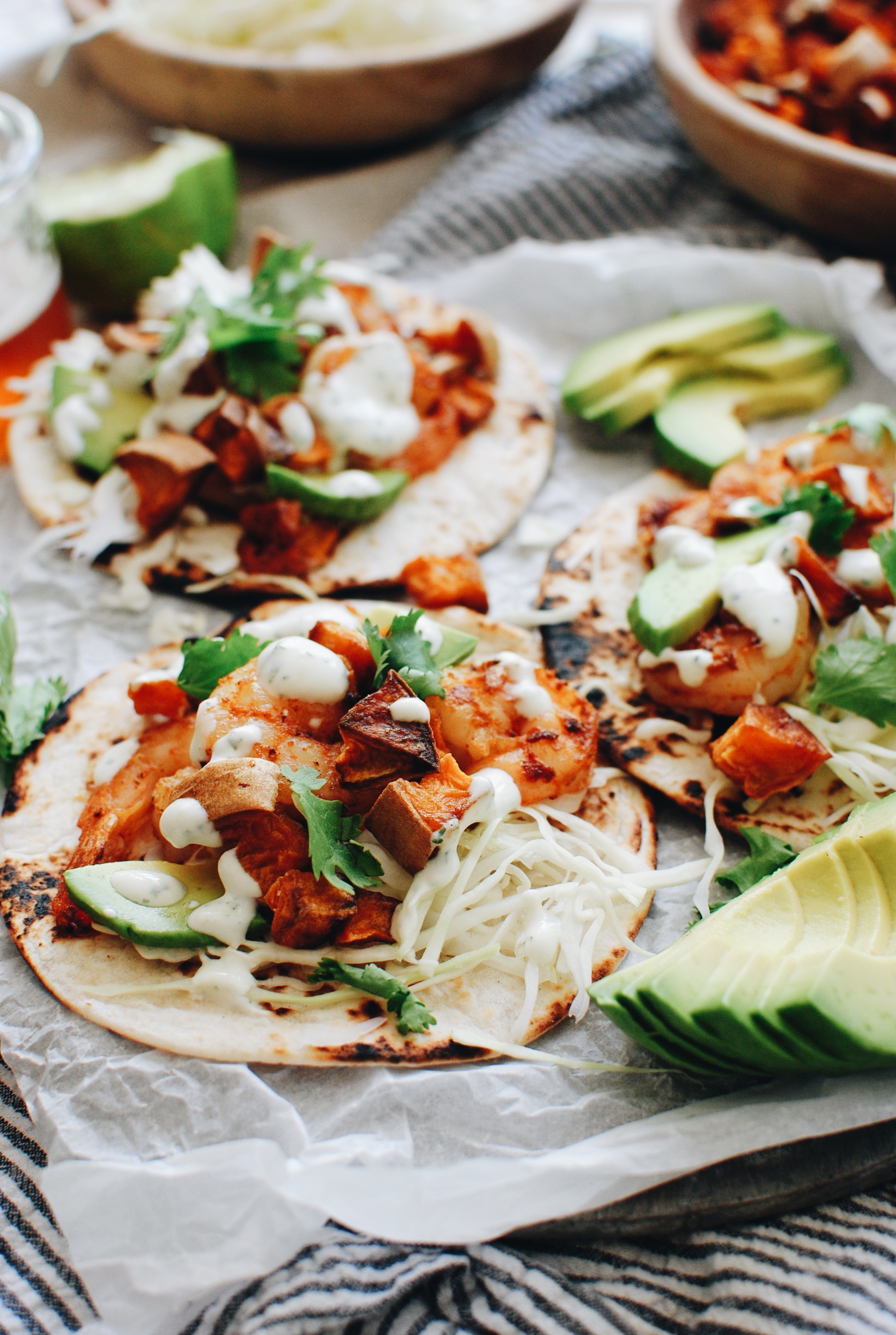 Shrimp and Cabbage Tacos with a Roasted Garlic Crema / Bev Cooks