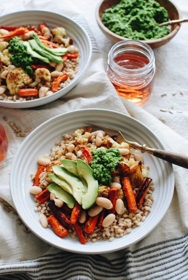 Roasted Vegetable Grain Bowl with Kale Pesto - Bev Cooks