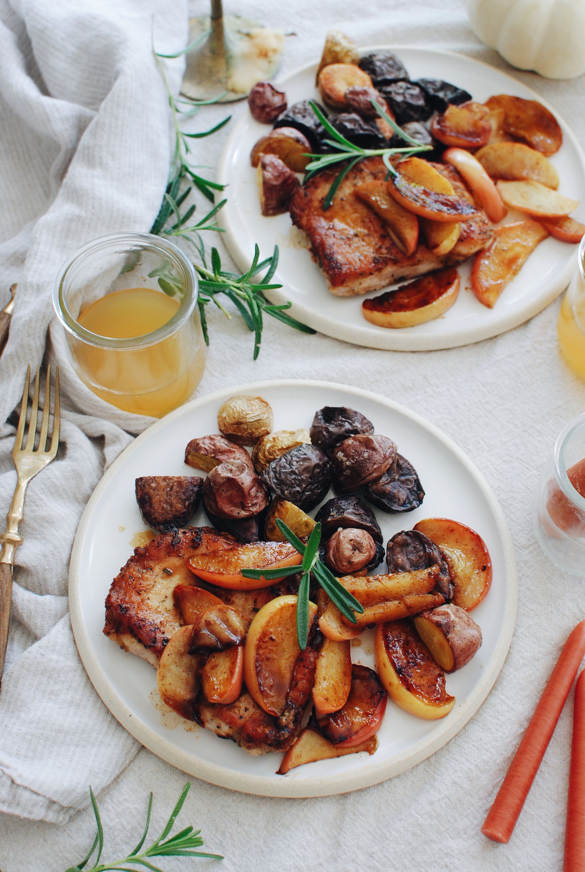 Pork Chops with Sautéed Apples and Roasted Potatoes / Bev Cooks