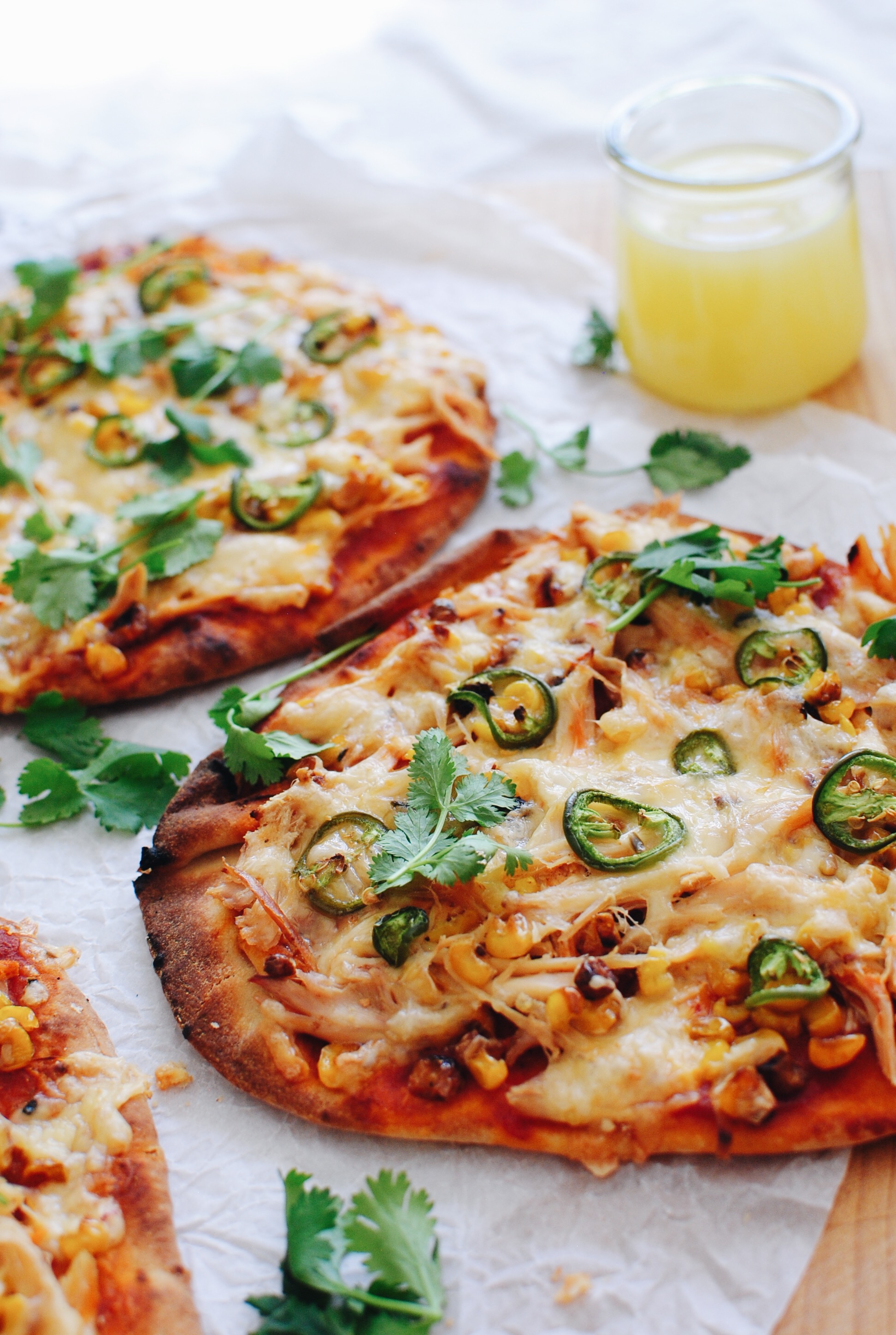 Chicken and Jalapeno Havarti Naan Pizzas / Bev Cooks