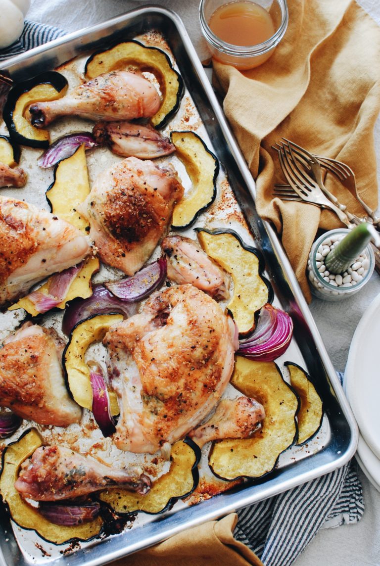 Sheet Pan Roasted Chicken with Wine Butter and Squash - Bev Cooks