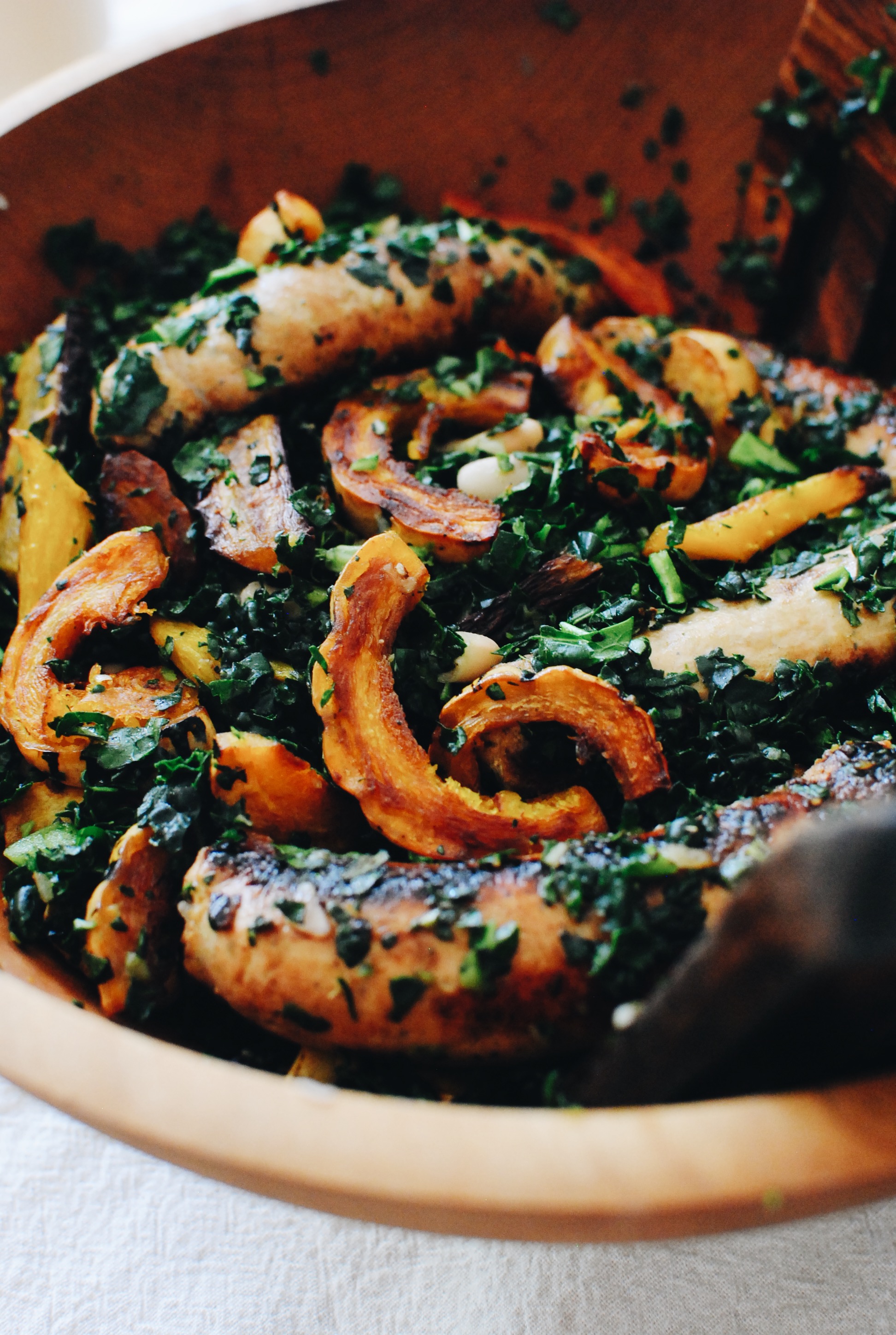 Chicken Sausage and Roasted Vegetable Kale Bowls / Bev Cooks