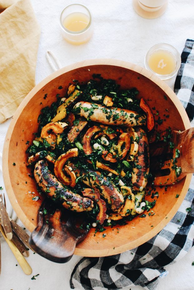 Chicken Sausage and Roasted Vegetable Kale Bowls / Bev Cooks
